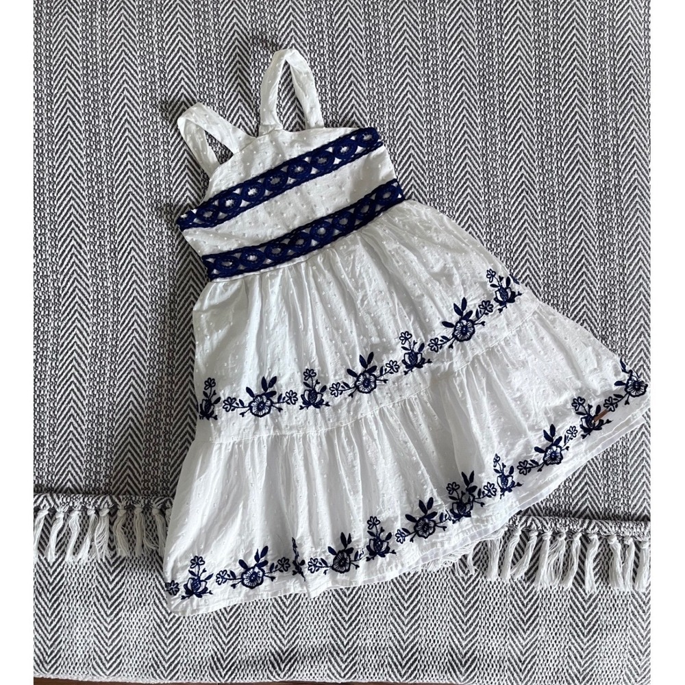 Tahari Girls White Swiss Dot Boho Summer Dress Navy Embroidery Size 6X